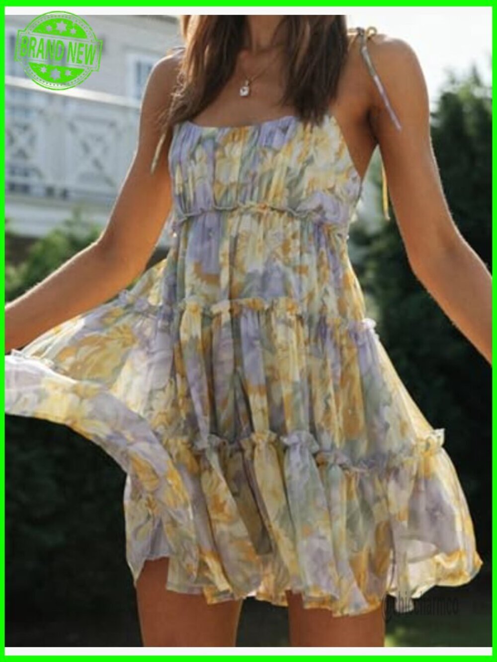 Flowy Spaghetti Strap Ruffle Mini Sundress Boho Beach Skater Dress - Picture 2 of 7